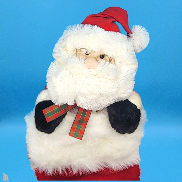 Vintage 1990s Santa Plush Stocking Furry Santa Face Gold Glasses Plaid Bow 26" - Picture 2 of 11